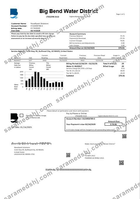 USA Nevada Big Bend Water District business utility bill template in Word and PDF formats